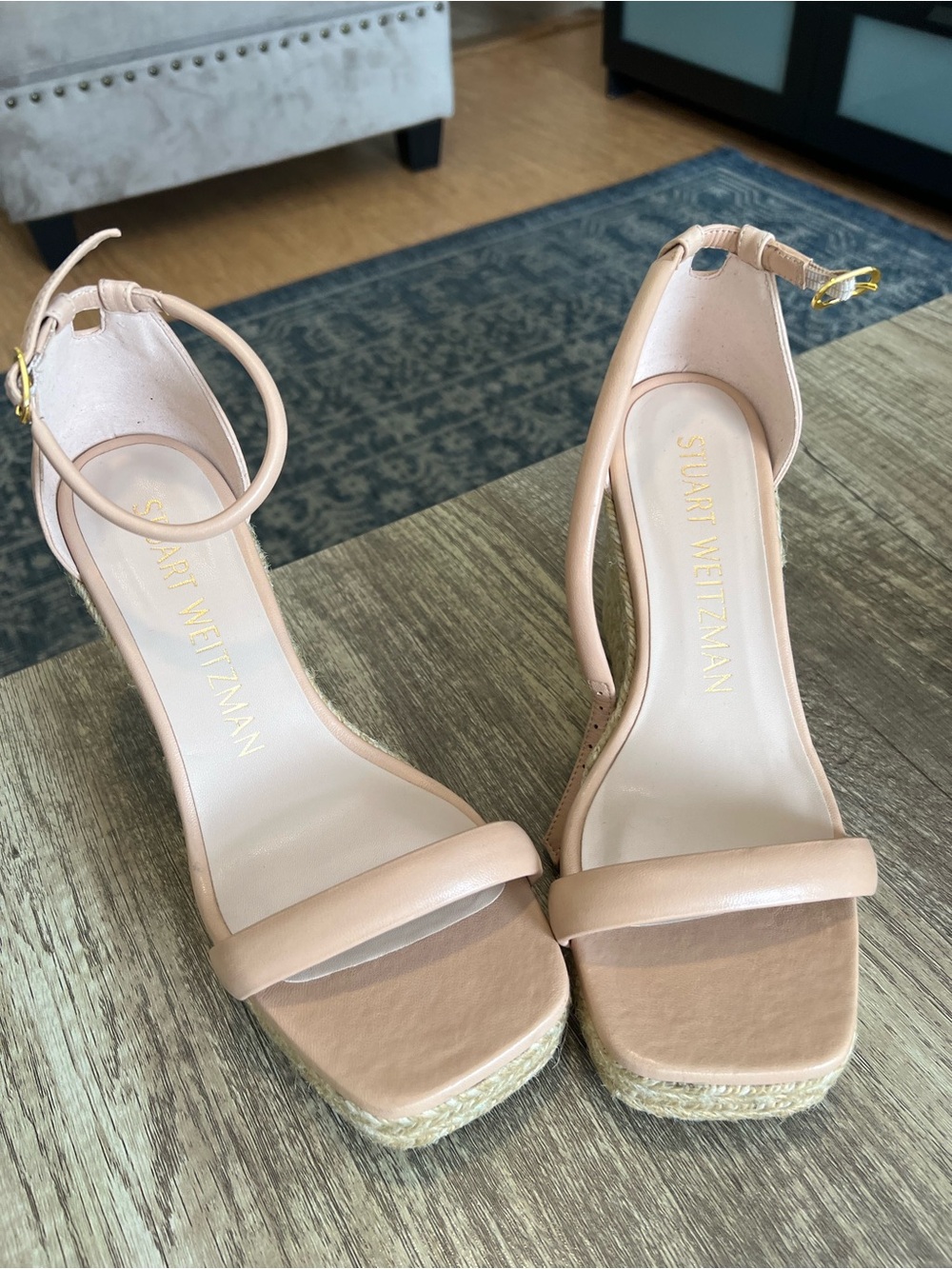 Stuart Weitzman Beige Ankle-Strap Espadrille Wedge Sandals